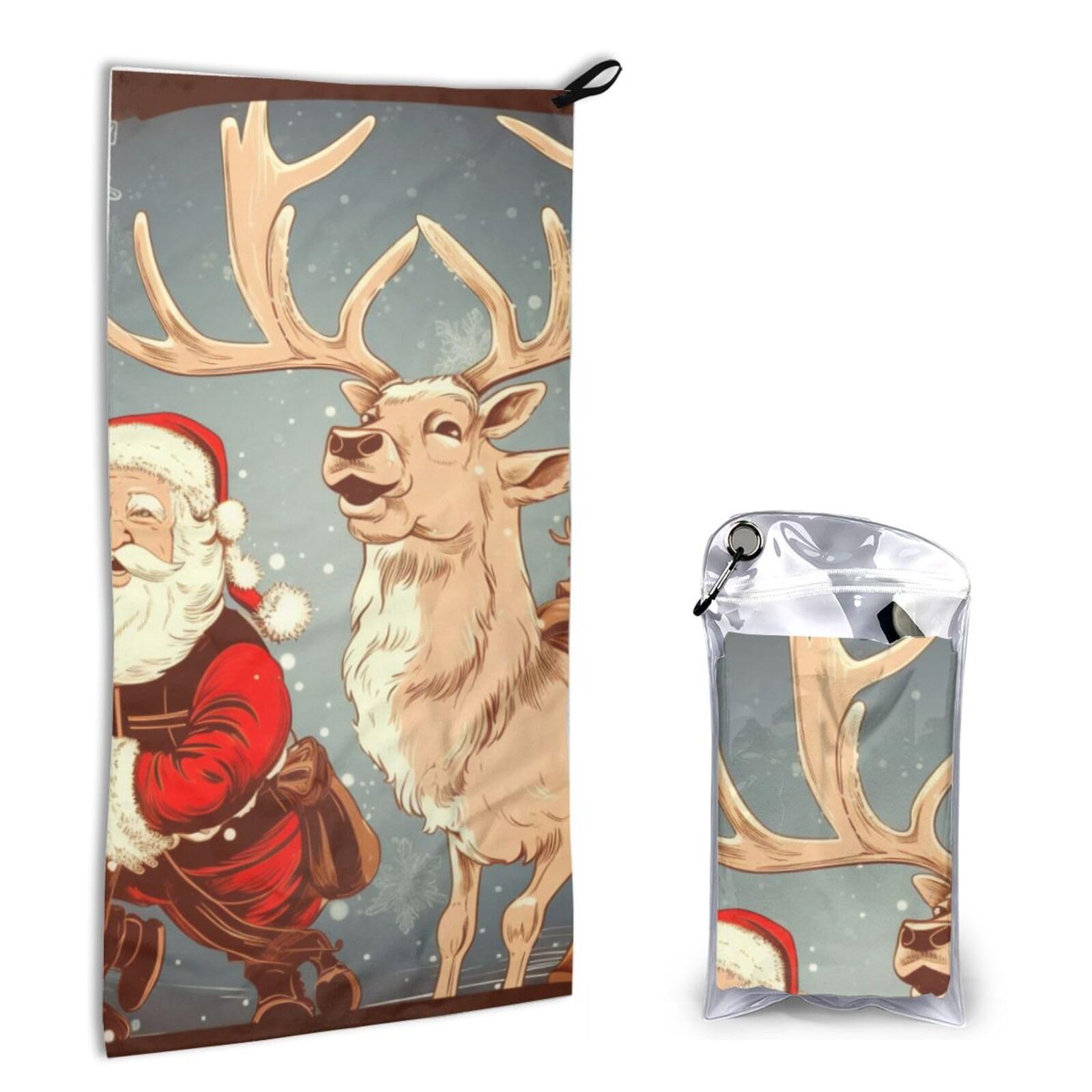 BWWHCCTI Quick Dry Hand Towel With Bag - Santa Claus and Deer Elk Printed Super Absorbent Face Cloth Microfiber Travel Sports Towels 40x80cm