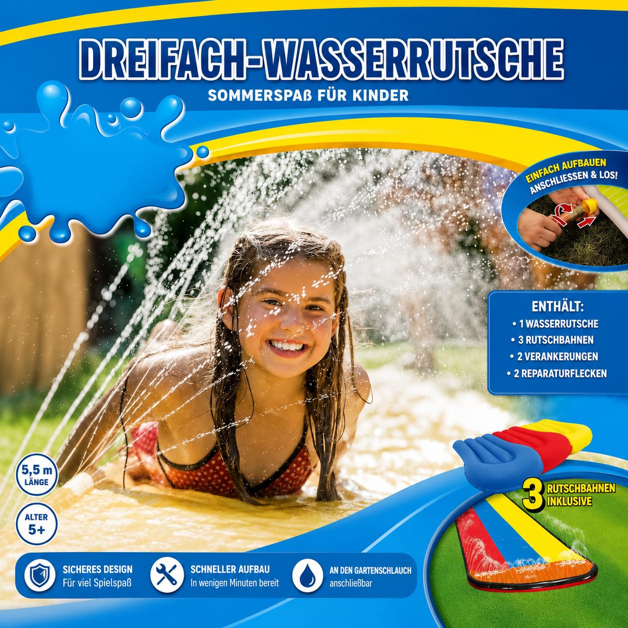 Generisch Wasserrutsche Garten für Kinder, 488x208cm Dreispurige Rutschbahn mit 3 Bodyboards, Wasserbahn mit Sprinkler, Sommer Wasserspielzeug