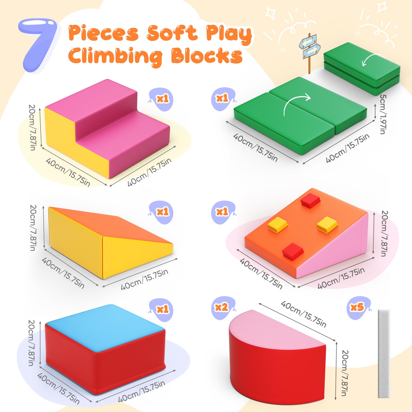 Baby-Schaumstoffbausteine, Softplay-Set für Kleinkinder von 1–3 Jahren, Baby-Kletterturm mit Rutsche, große Bausteine ​​für Kleinkinder (bunt-7-Lederabdeckung)