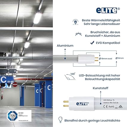 elite led rohre t5 51 7cm 7w sehr hell 640lm 830 3000 kelvin warmweiss nur fur evg 140 grad homogenes licht langlebig 50 000h 3 jahre garantie 1 stuck amazon de beleuchtung