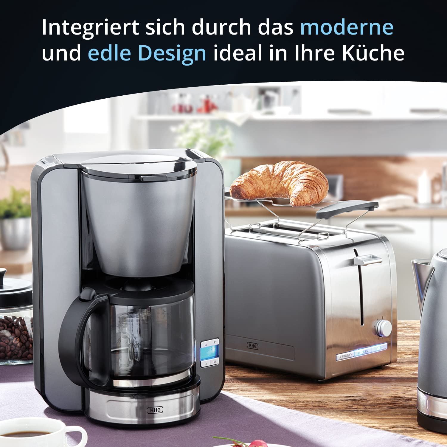 KHG Kaffeeautomat KA-124 (GE) aus Metall in grau, Kapazität für 12 Tassen, mit Glaskanne 1,5 Liter, Warmhalteplatte, Abschaltautomatik, Wasserstandsanzeige, Tropfstopp