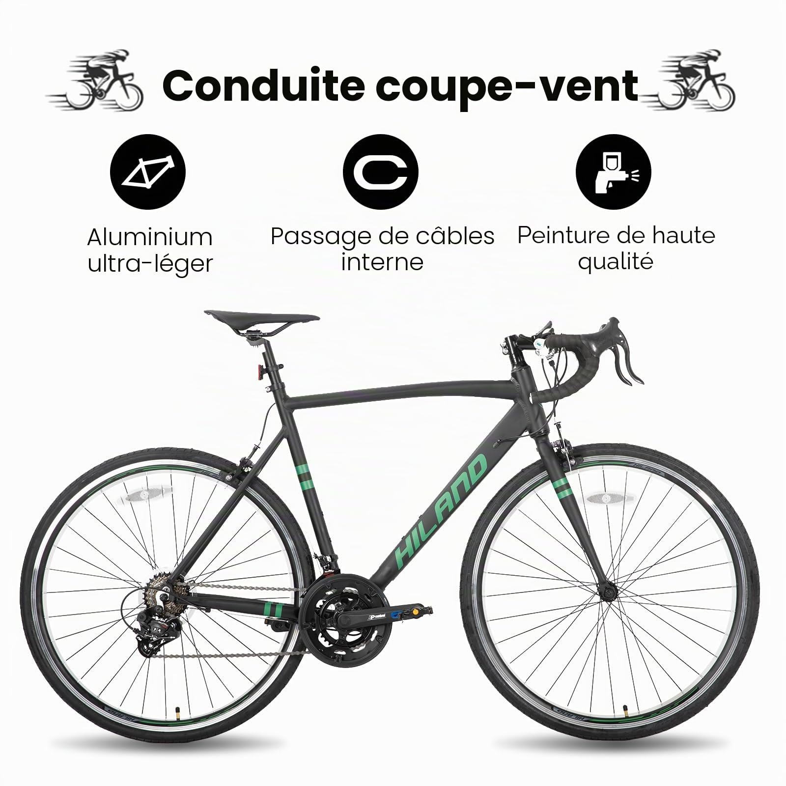 HILAND Daring Vélo de Route 28” 700C, 14 Vitesses, Cadre Aluminium 49/53/57 cm, Vélo de Ville et Pendulaire pour Homme et Femme, Vélo Adulte, Noir/Vert/Rouge