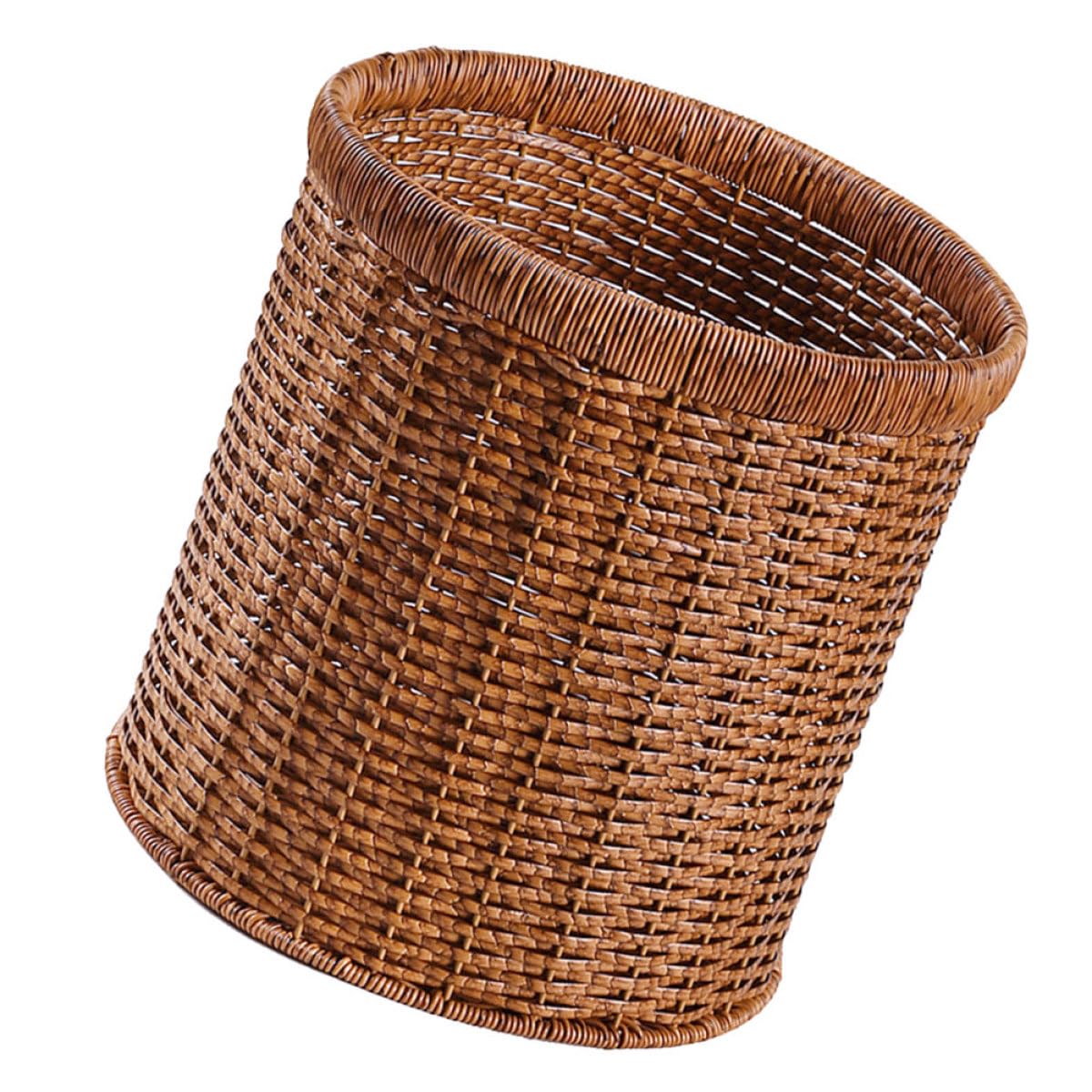 Healifty Woven Trash Can 12l Large Rattan-Style Wastebasket Walnut Color Sturdy Bathroom Bedroom Storage Bin for Home Office Organization