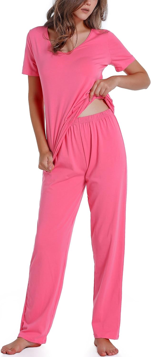 Chamllymers Cotton Pajamas for Women Two Piece Pajama Set Short Sleeve V-neck Tops with Long Pants