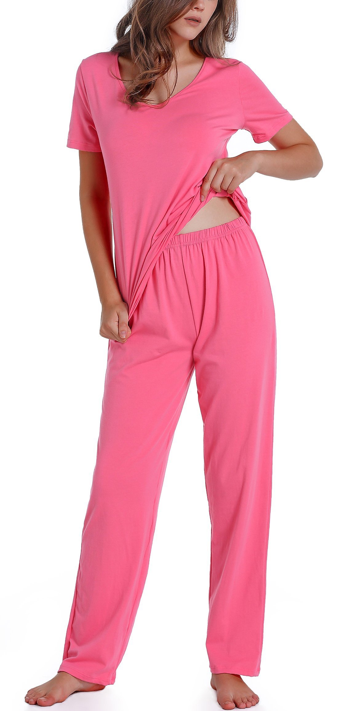 Chamllymers Cotton Pajamas for Women Two Piece Pajama Set Short Sleeve V-neck Tops with Long Pants