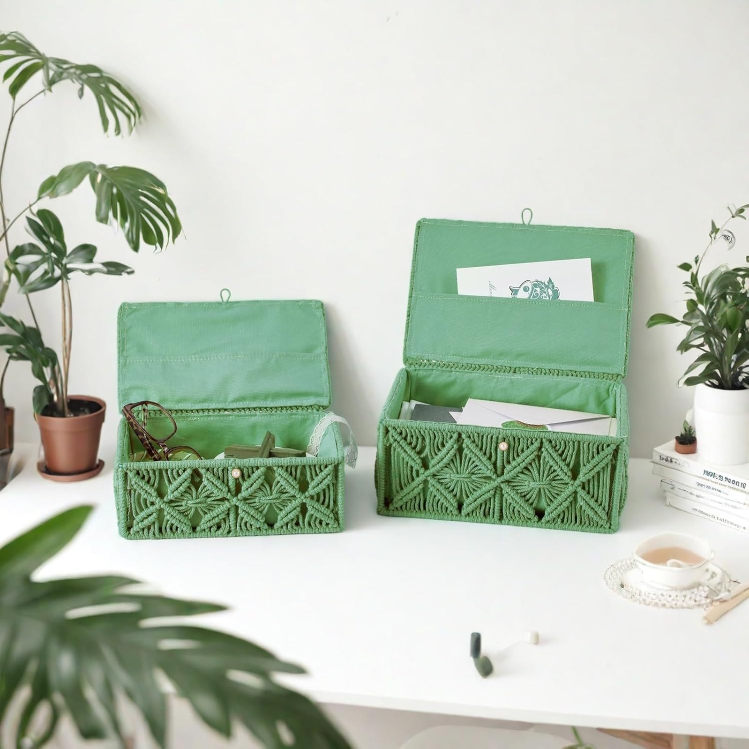 2PCS Decorative Boho Storage Baskets with Lid Bohemian Macrame Jewelry Box Handmade Natural Cotton Rope Woven Bins Memory Keepsake Photo Makeup Organizer Container (Green, 1 Large 1 Small)