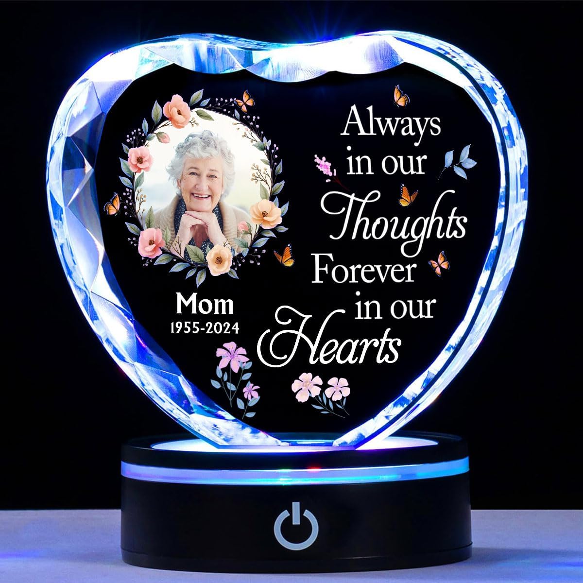 Wrappiness Custom Photo Crystal LED Light - Personalized Memorial Gift for Loss of Loved One - Elegant Memorial Crystal Light for Remembrance Keepsake (Light 01)