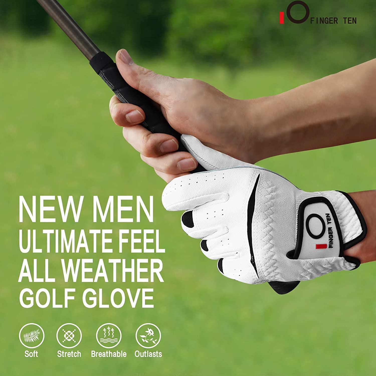 FINGER TEN Men's Golf Glove Men Left Right Hand Cabretta Leather Palm Breathable Comfortable Weathersof Grip Superior Fit Soft (Large - Image 4