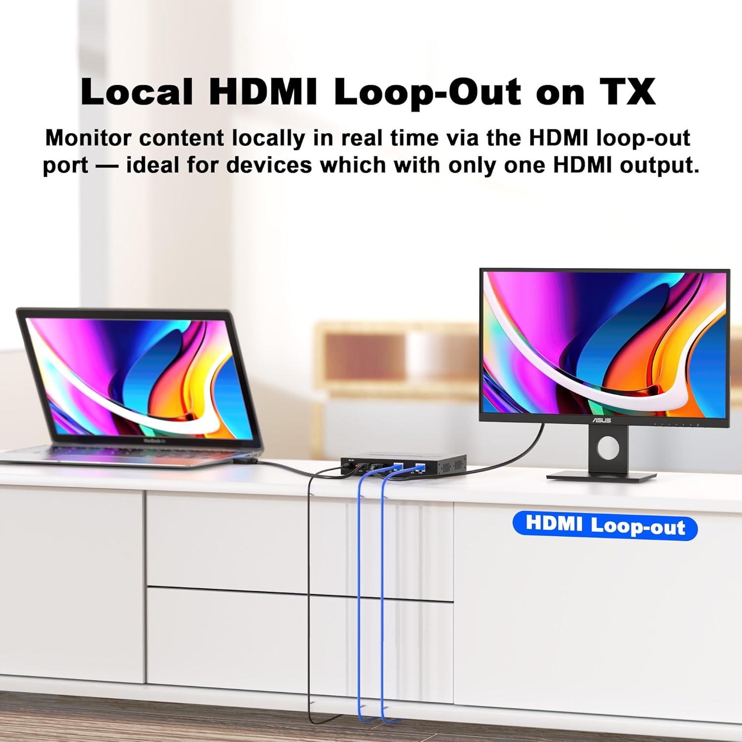 ALGOX 328ft/100m 4K@30Hz HDMI Extender Splitter 1 in 2 Out Over CAT6/6e/7(T-568B) Supports Loop Out, EDID Copy, HDR10, Dolby Vision, 3D Video, Plug and Play, Easy to Install