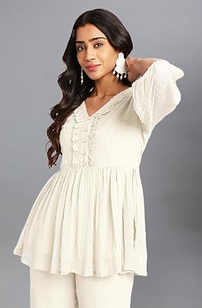 Janasya Indian Women's Chiffon Off White Self Design Casual Wear Co-ord Set for Women