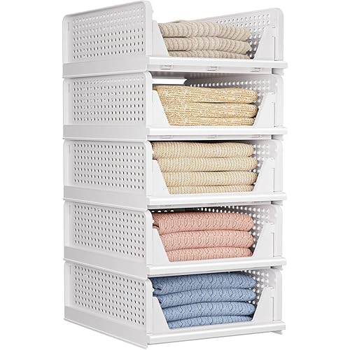 CTSNSLH 5 Pack Closet Organizers Storage Box, Closet Storage Stackable Storage Bins, Plastic Drawer Basket for Wardrobe Cupboard Kitchen Bathroom Office, White