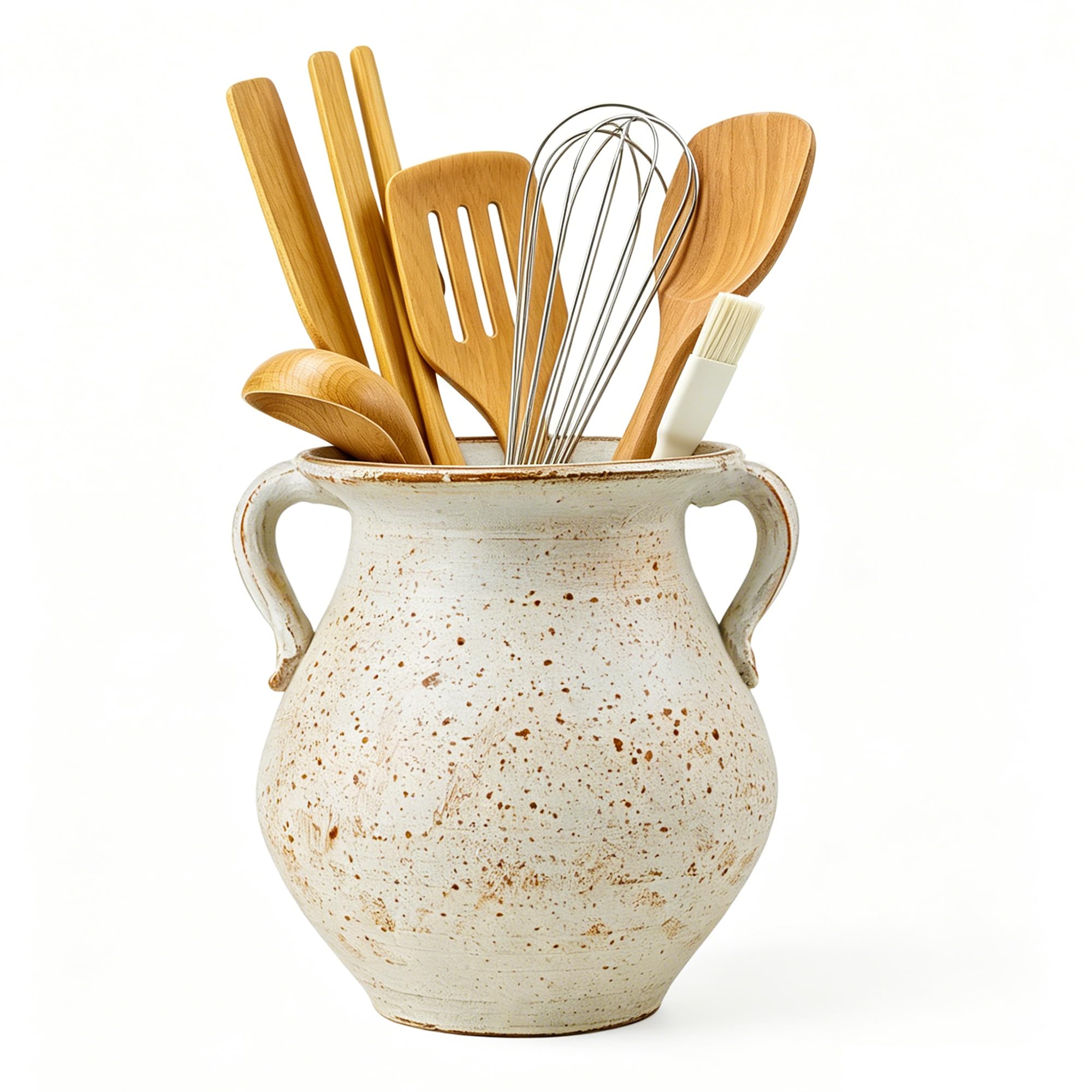 OOXYG Rustic Kitchen Utensil Holder for Countertop, 7.6x4.9In Large Ceramic Cooking Utensil Crocks for Countertop, with Non-slip Pads, Morden