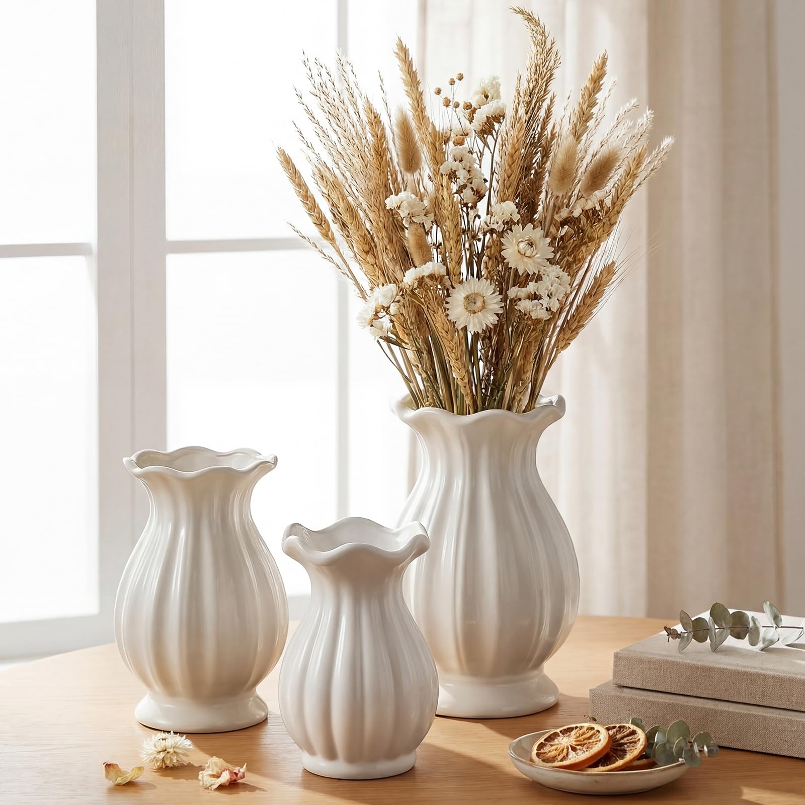 Rustic White Ceramic Vase Trio - Varying Heights