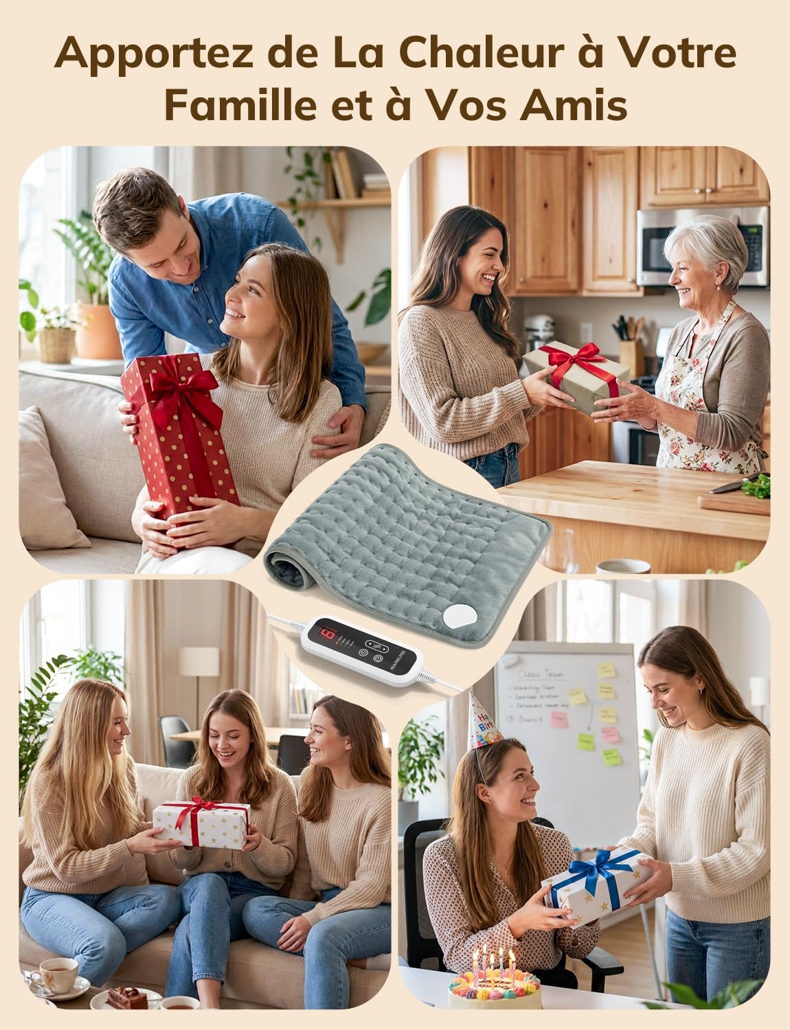 Coussin Chauffant Électrique 60 x 30cm pour Dos Épaules Abdomen 6 Niveaux de Température 4 Réglages de Minuterie Chauffage Rapide Arrêt Automatique Lavable en Machine Gris Foncé