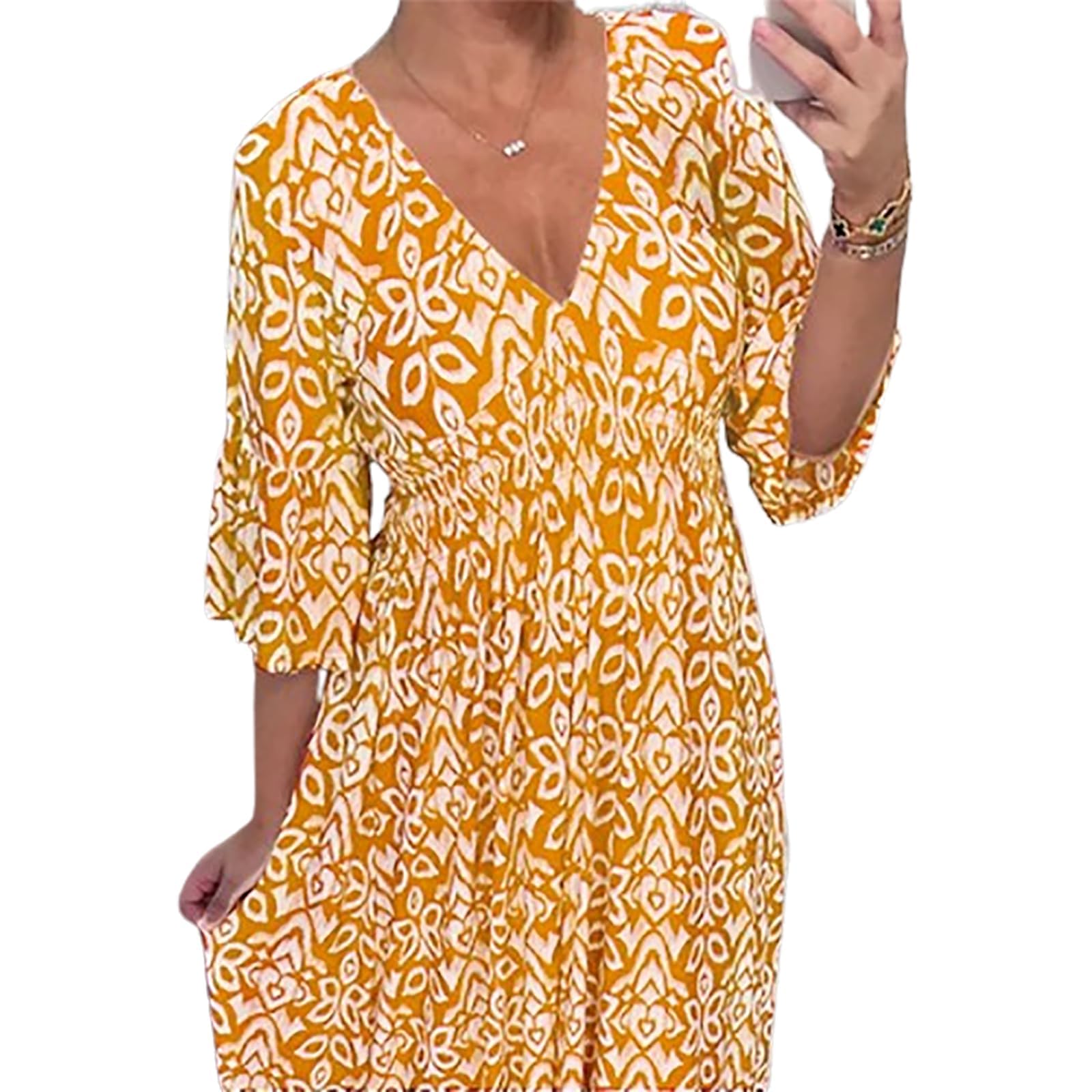 BIUBIULOVE Janisie - Vestido Largo Bohemio Informal con Cuello En V Y Cintura Fruncida,Vestido Midi Floral Primavera Verano 2024 para Mujer,Vestidos Largos Bohemios Fluidos para Vacaciones