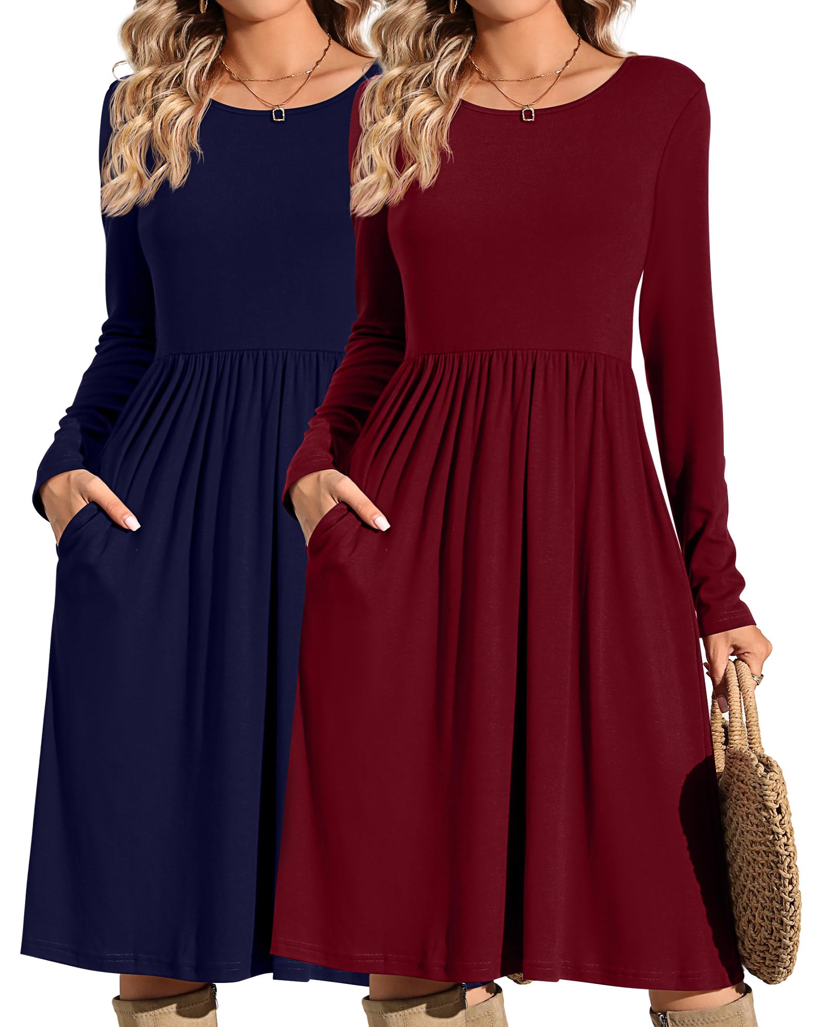 Riyiper 2 Pack Women Casual Long Short Sleeve Dresses Loose Fit Swing Pleated Dress with Pockets Knee Length (Navy Blue, Wine Red, Long Sleeve,Small)