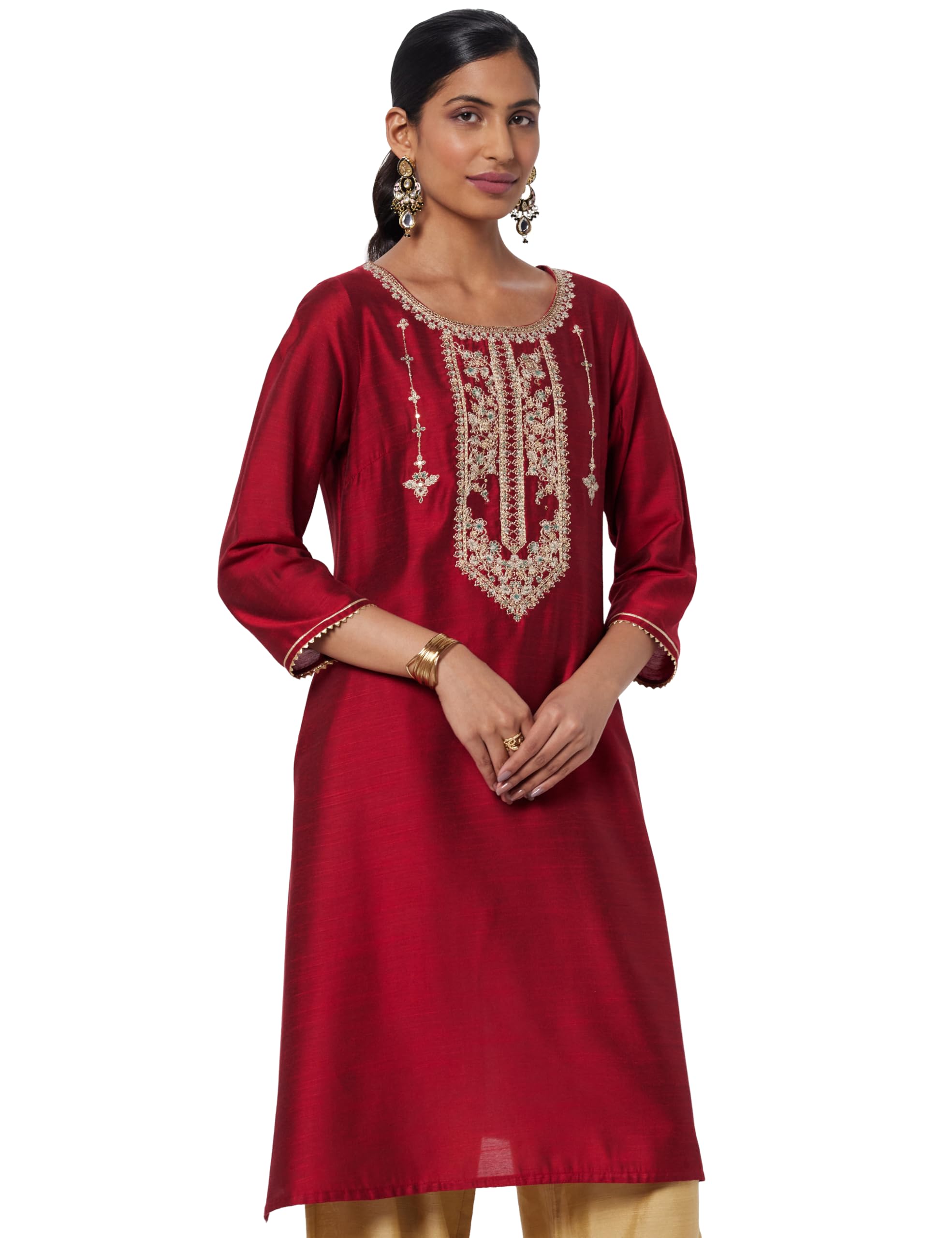 W Burgunderrote solide Spiegelarbeit reine Baumwolle gerade Kurta für Damen