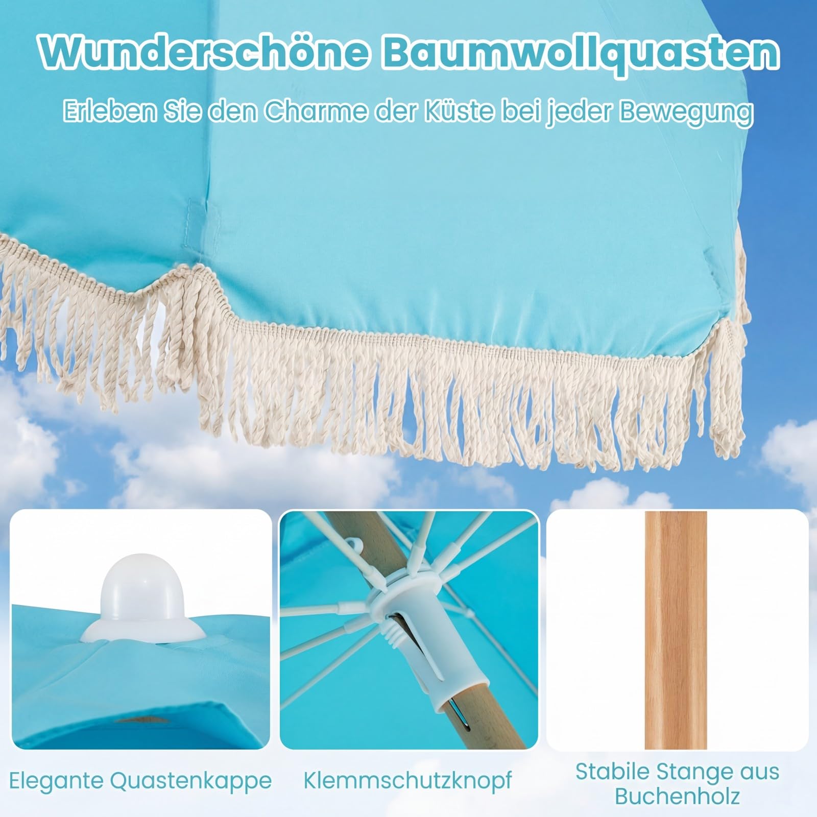 COSTWAY Sonnenschirm Boho, 170 cm Gartenschirm aus Holz, beidseitig um 30° knickbar, Balkonschirm mit Fransen, Terrassenschirm, Marktschirm für Garten, Balkon, Terrasse (Blau)