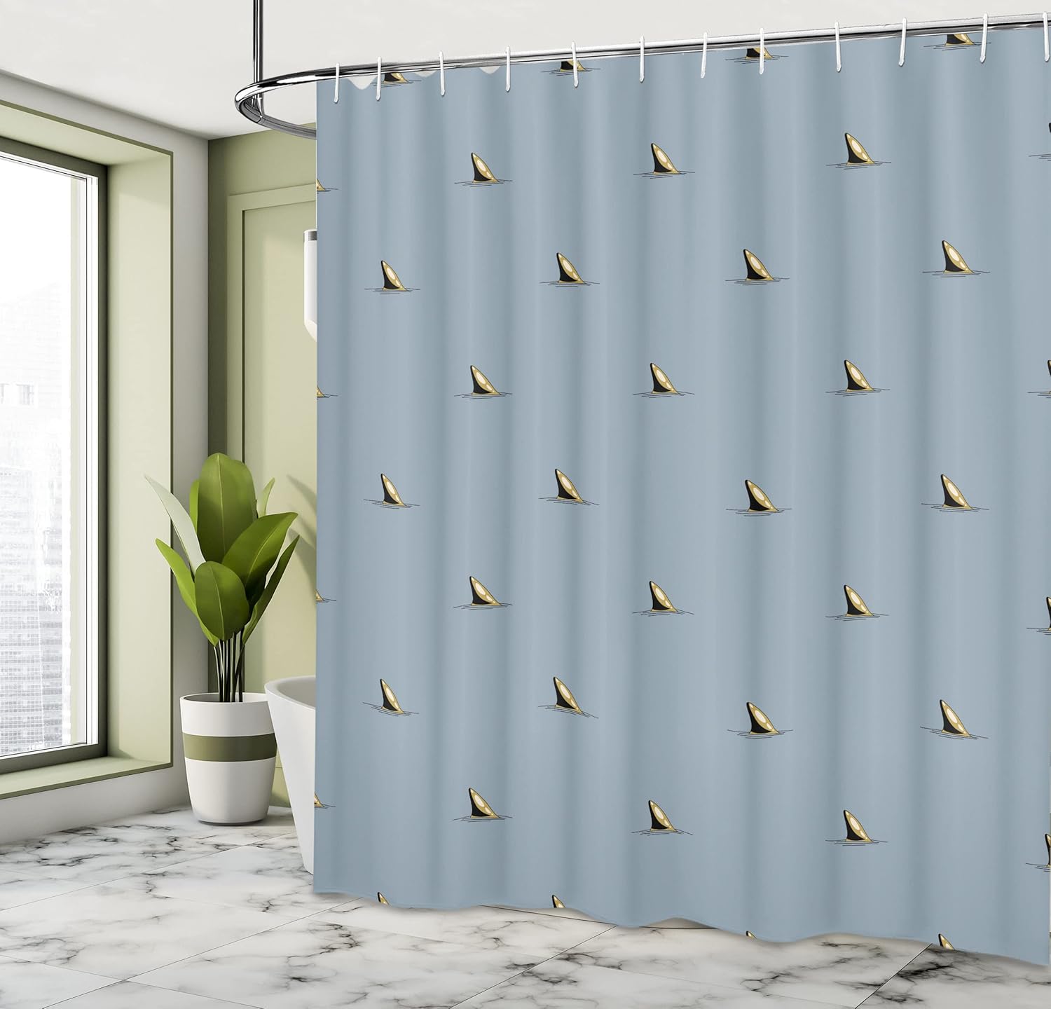 Ambesonne Sea Animals Shower Curtain, Pattern of Shark Fins Speedy Fish Hunting Minimalistic Design Artwork Print, Cloth Fabric Bathroom Decor Set with Hooks, 69" W x 70" L, Blue Grey