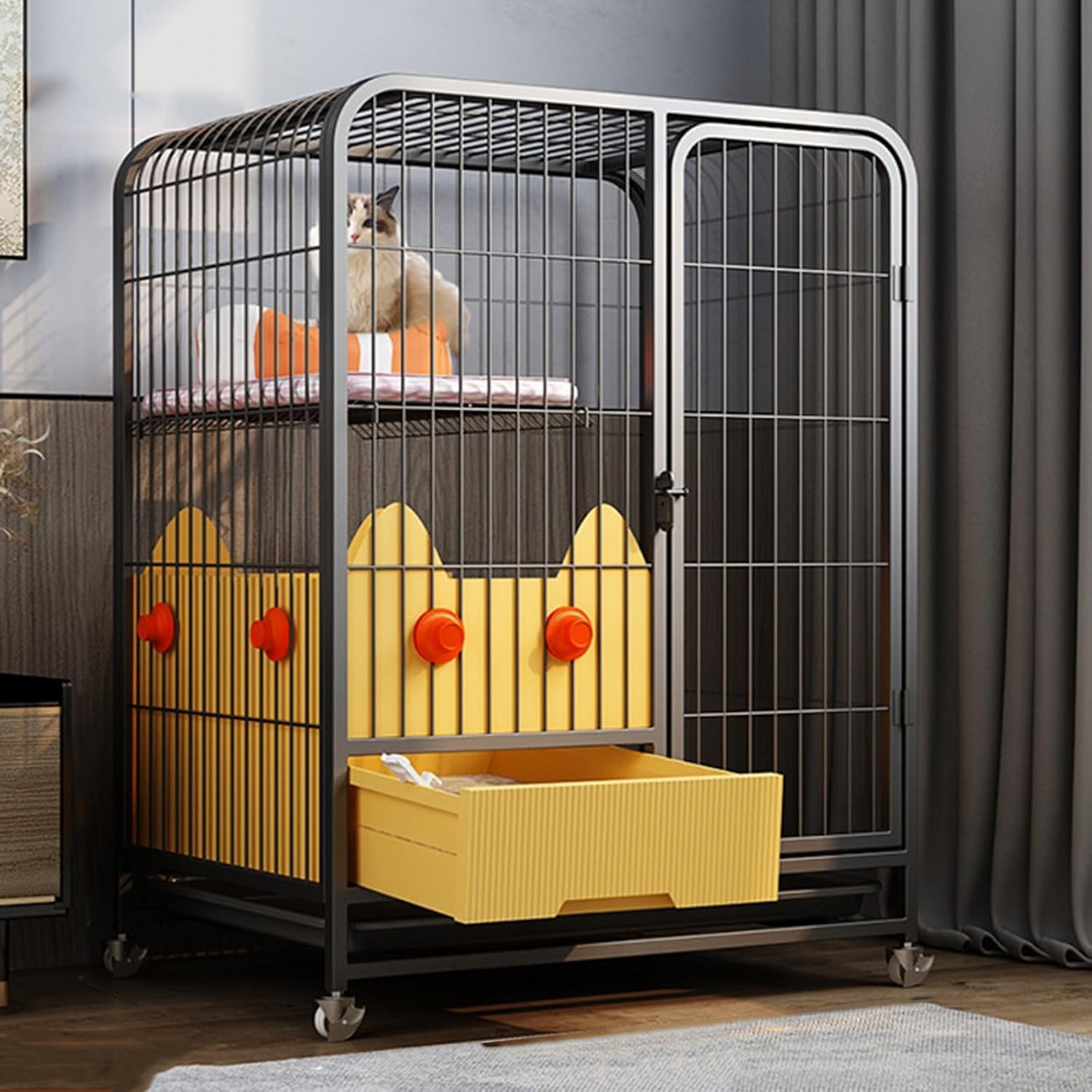 2/3 - Tier Cat Cages Indoor With Litter Box, Heavy Duty Metal Mesh Cat Enclosure, Indoor/Outdoor Cat House Pets Playpen with 4-locking Wheel Casters, Easy To Assemble and Clean, Black(78*55*100CM)