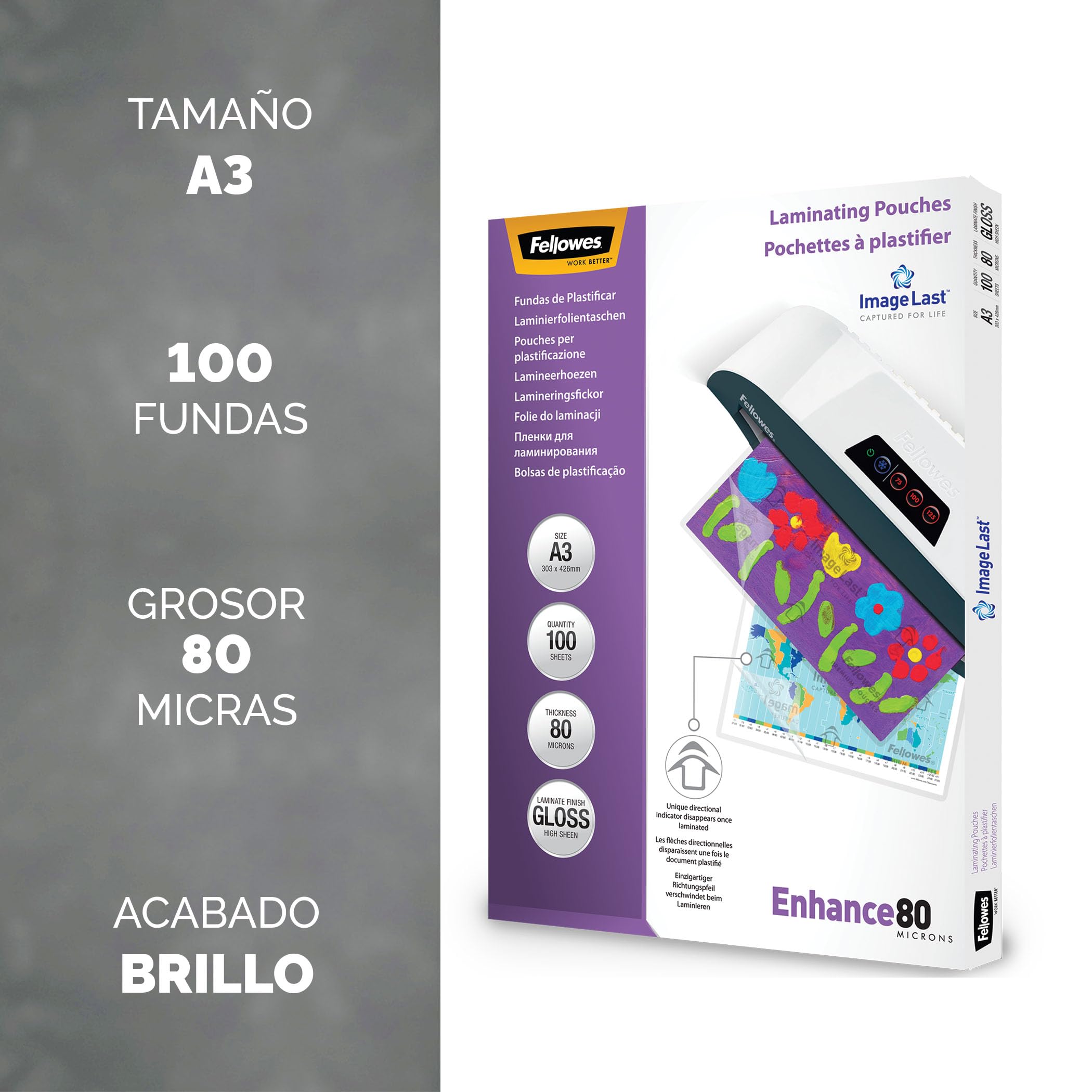 Fellowes pack de 100 fundas para plastificar A3, brillo, formato A3, 80 micras, acabado con flechas direccionales ImageLast, fundas para plastificadora ideales para fotos y avisos.