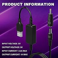 Vista 5 de DROK Adaptador USB a 9 V, convertidor de impulso de CC de 5 V a 9 V, 1,5 A, cable USB de 3.6 ft, convertidor elevador con conector CC macho de 0.217