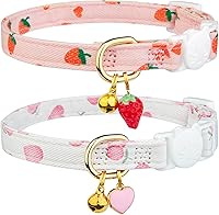 Fyeqyaou 2-Pack Cotton Breakaway Cat Collars with Bell - Cute Pink Strawberries & White Hearts, Adjustable Safe for Kittens