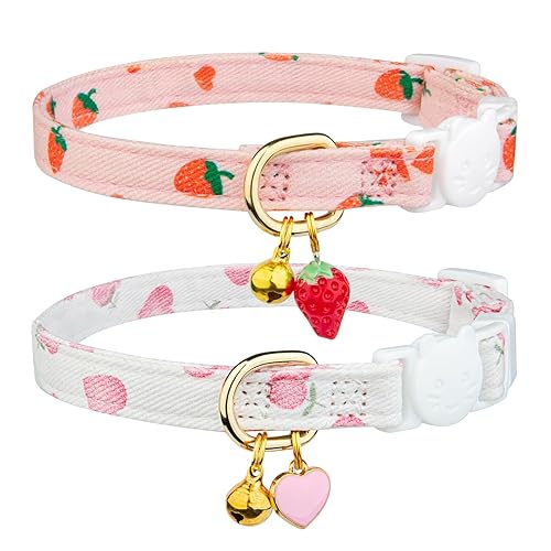2 Pack Cotton Breakaway Cat Collar Pink Strawberries and White Heart Shaped Pendant Cute Kitten Cat Collar with Bell - Pink&White