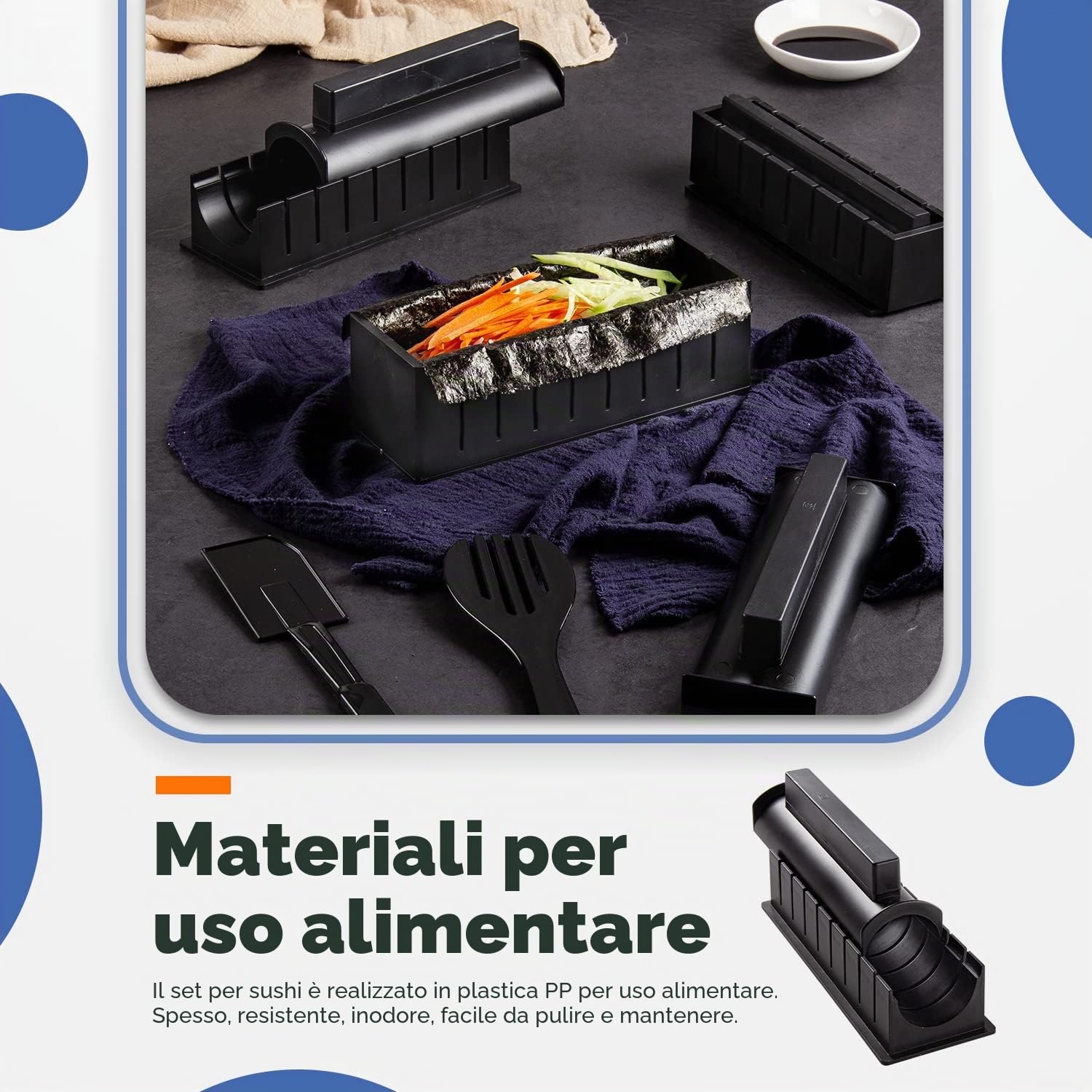 Sushi Maker - Kit di 17 stampi per sushi riso, rotolo per sushi con 8 forme con kit fai da te, sushi piatti, rotoli di bambù e bacchette (nero)