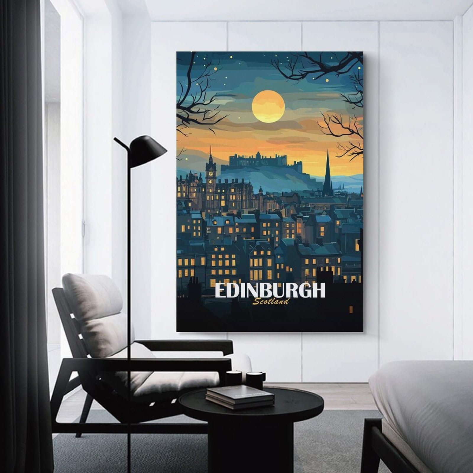 Junmoney Canvas Art Print Edinburgh Scotland Nightscape Illustration, 20x30inch(50x75cm), for Office, Study Or Home Workspace, Home Office Artwork with Decorative Appeal