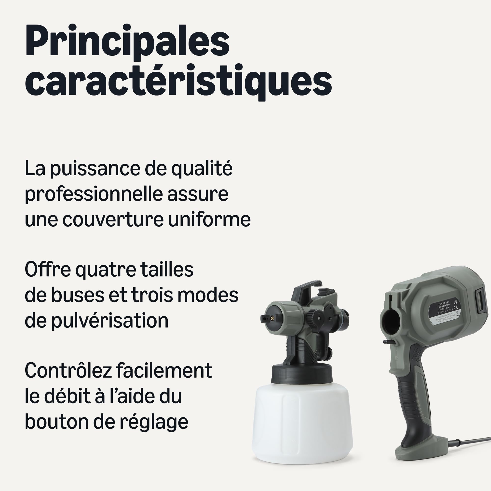 Amazon Basics Pistolet Pulvérisateur Électrique 700W avec Réservoir de 1.200ml, 4 Buses et 3 Modes de Pulvérisation, pour Intérieur et Extérieur, Gris