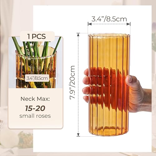 Miniatura 5 de ComSaf Jarrones cilíndricos de cristal, florero para centros de mesa, florero acanalado de 8 pulgadas de alto, portavelas flotante de huracán,