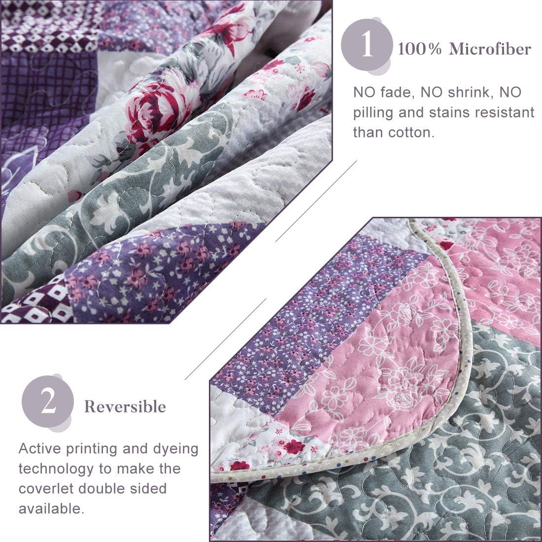 Homcosan Quilt Bedspreads Sets Queen/Full Size (90x98 inches), Reversible Purple Floral Patchwork Patterns, Lightweight Coverlet for All Season, 3-Piece Bedding (1 Quilt + 2 Pillow Shams) - Image 7