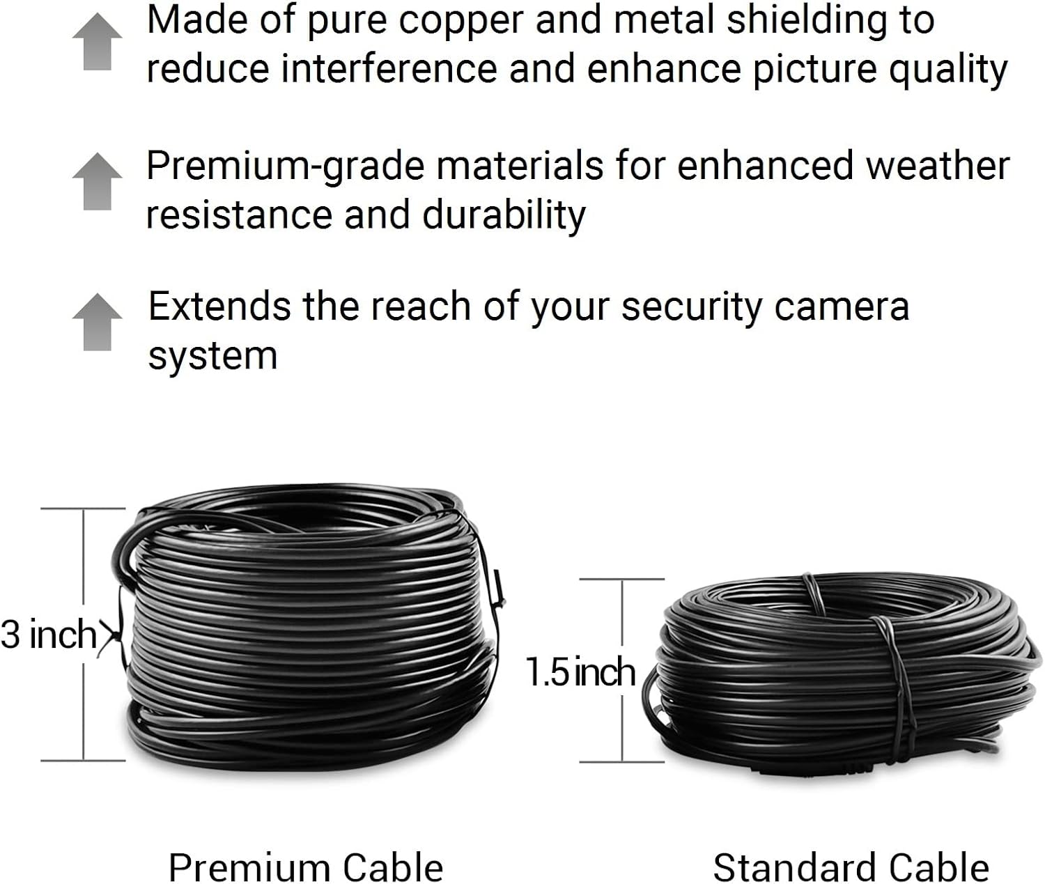 TIGERSECU 60-Feet (18 Meters) Premium BNC Video and Power Extension Cables for CCTV Video Security Camera Systems, Black (4-Pack)