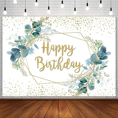 Sendy SENDY - Telón de fondo de cumpleaños dorado verde de 7 x 5 pies, eucalipto, decoración de fiesta de feliz cumpleaños, suministros para niños,
