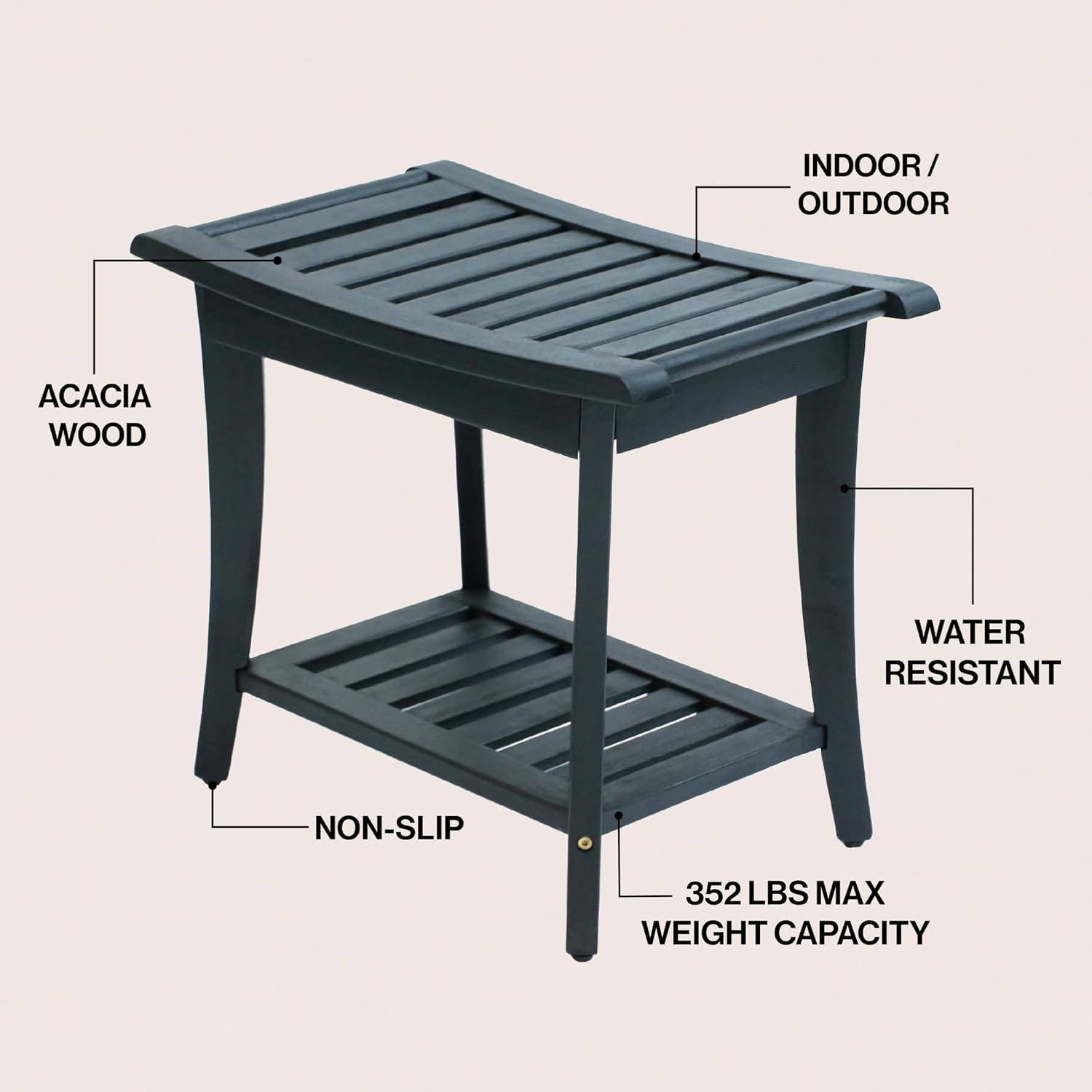 JONATHAN Y Tucker 22" Black Acacia Wood Shower Bench with Storage Shelf, Water-Resistant 2-Tier Spa Stool for Shower and Bathroom, 352 lbs Capacity Seat for Shaving Legs and Organization STL1001B