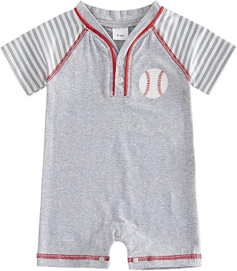 Honganda Baby Boy Baseball Jumpsuit Striped Raglan Sleeve V Neck Baseball Romper Newborn Infant Boy Summer Outfit