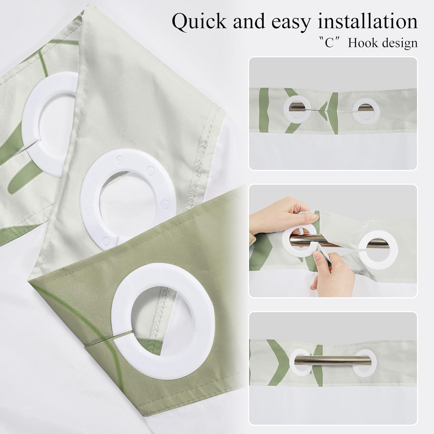 Baocicco Green Bohemian No Hook Shower Curtain for Bathroom Decor Minimalistic Plants Boho Style Fabric Bath Curtains with See Through Mesh Modern Hotel Style Bath Curtains 71x79 Inch