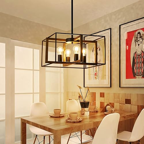 Miniatura 8 de XINGQI Candelabro cuadrado de 4 luces, lámpara de granja, moderna iluminación colgante para cocina, isla, comedor, sala de estar, acabado de grano