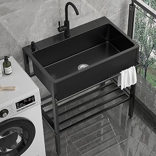Free Standing Stainless Utility Sink Laundry Sink, Black Commercial Kitchen Sink 1 Compartment, Bathroom Sink with Black Faucet and Storage Shelves, Easy Cleaning, Adjustable Feet