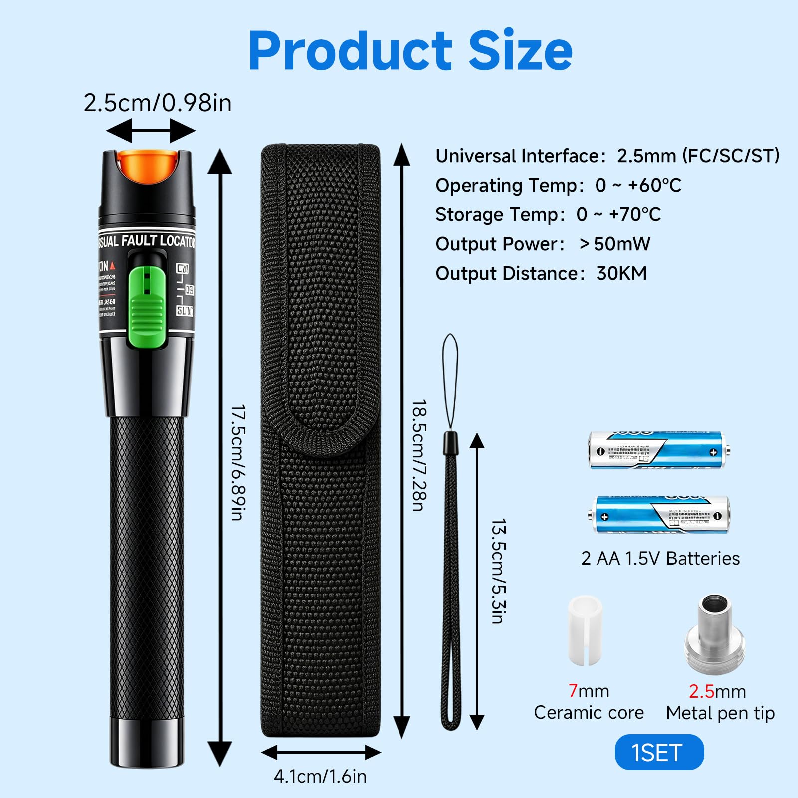30mW Localizador Visual de Fallos, Probador de Fibra Óptica VFL, Pluma de Prueba de Cable Portátil con Interfaz Universal 2,5mm 30KM de Alcance para Cables Monomodo y Multimodo
