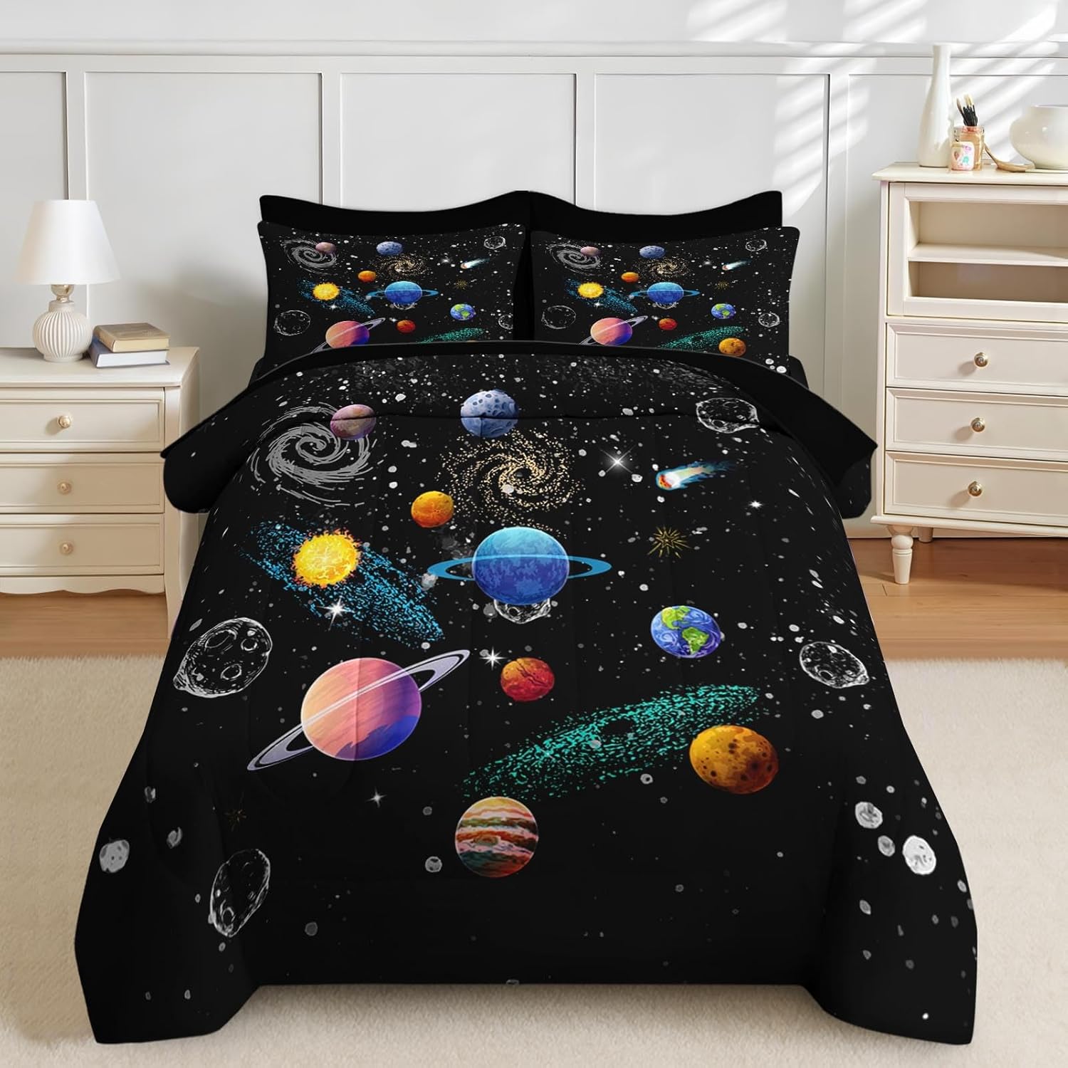 Nesker 7 Pcs Comforter Set Full Size, Space Earth Galaxy Bedding Set for Kids and Adults, Colorful Planet Bed Sheet Sets with Fitted Sheet 2 Pillowcases & 2 Shams