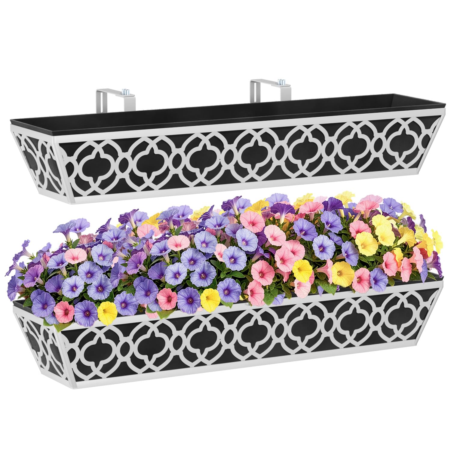 HFHOME Set of 2 Large Hanging Flower Boxes, 76.2cm/30in Outdoor Metal Window Box with Non-Woven Fabric Liner & Adjustable Brackets, Floating Planters for Balcony Terrace Fence Garden