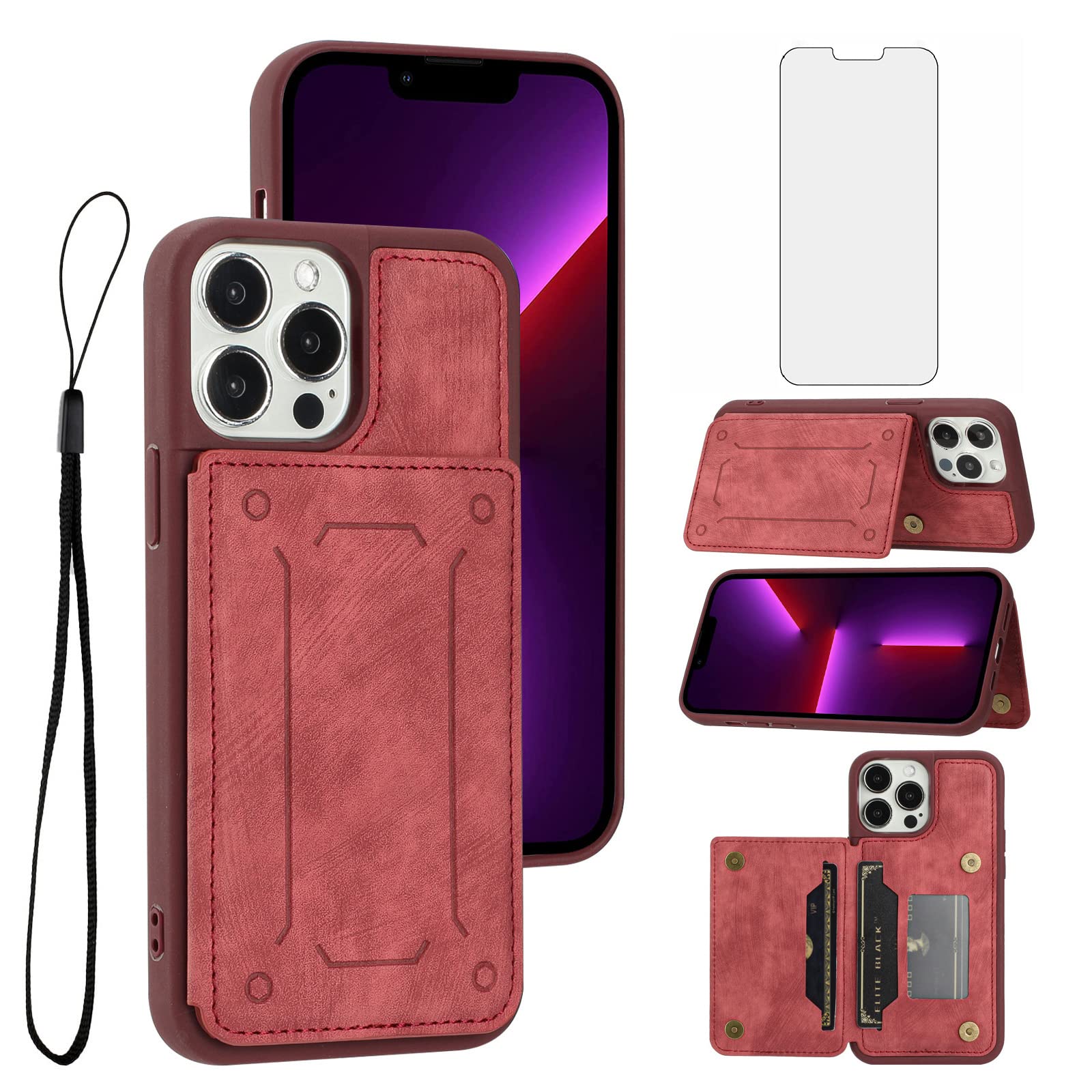 Asuwish Phone Case for iPhone 13 Pro Max 2021 6.7 inch Wallet Cover with Screen Protector Card Holder Stand Magnetic PU Leather Cell iPhone13promax 5G i Phone13Max Plus iPhone13 ProMax Women Men Red