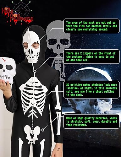 Miniatura 4 de Disfraz de esqueleto de Halloween que brilla en la oscuridad, overol negro de hueso aterrador para niños y niñas de 6 a 14 años