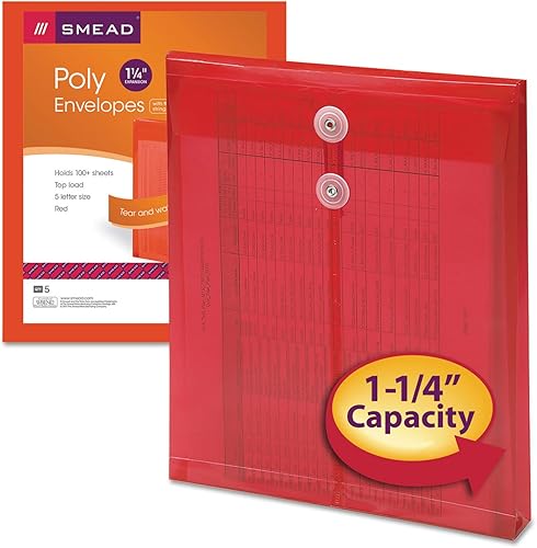 Miniatura 2 de Smead Sobre de polietileno, expansión de 1.5 in, cierre de cuerda, carga superior, tamaño carta, rojo, 5 por paquete (89547)