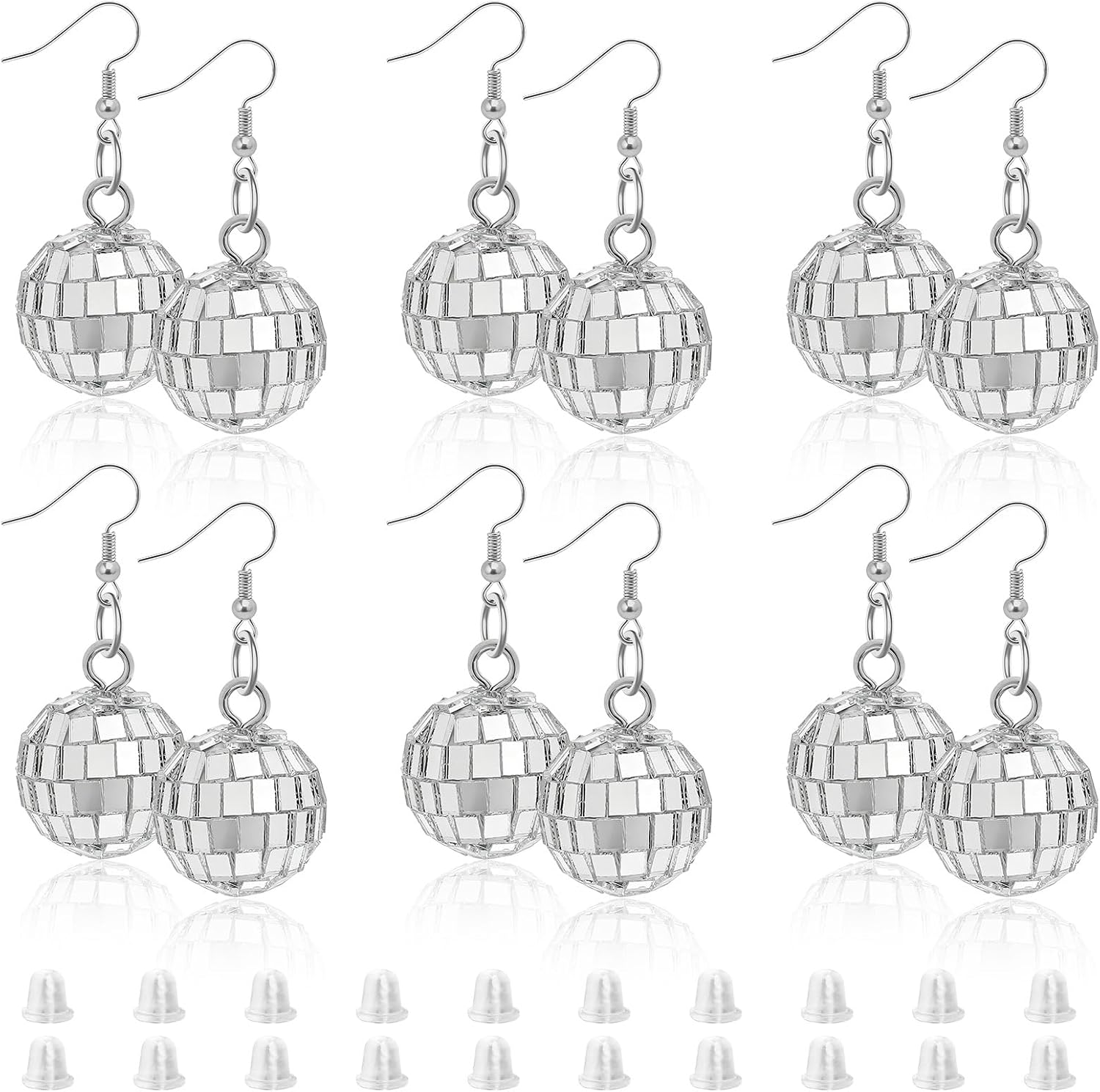 6 Pairs Disco Ball Earrings for Women, 60's 70's Silver Mirror Ball Earrings Vintage Dangle Earring with 20pcs Earring Backs for Dance Party Costume Accessories Disco Christmas Rave