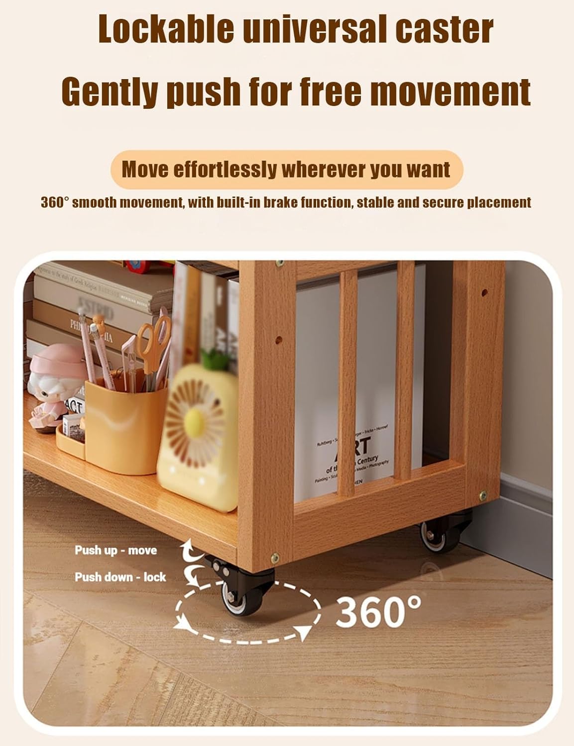 Beechwood Book Cart，3 Tier Library Cart with 2 Lockable Wheels，Rolling Cart Organizer for Home Office Living Room Classroom，Load 220 Lbs(Walnut)