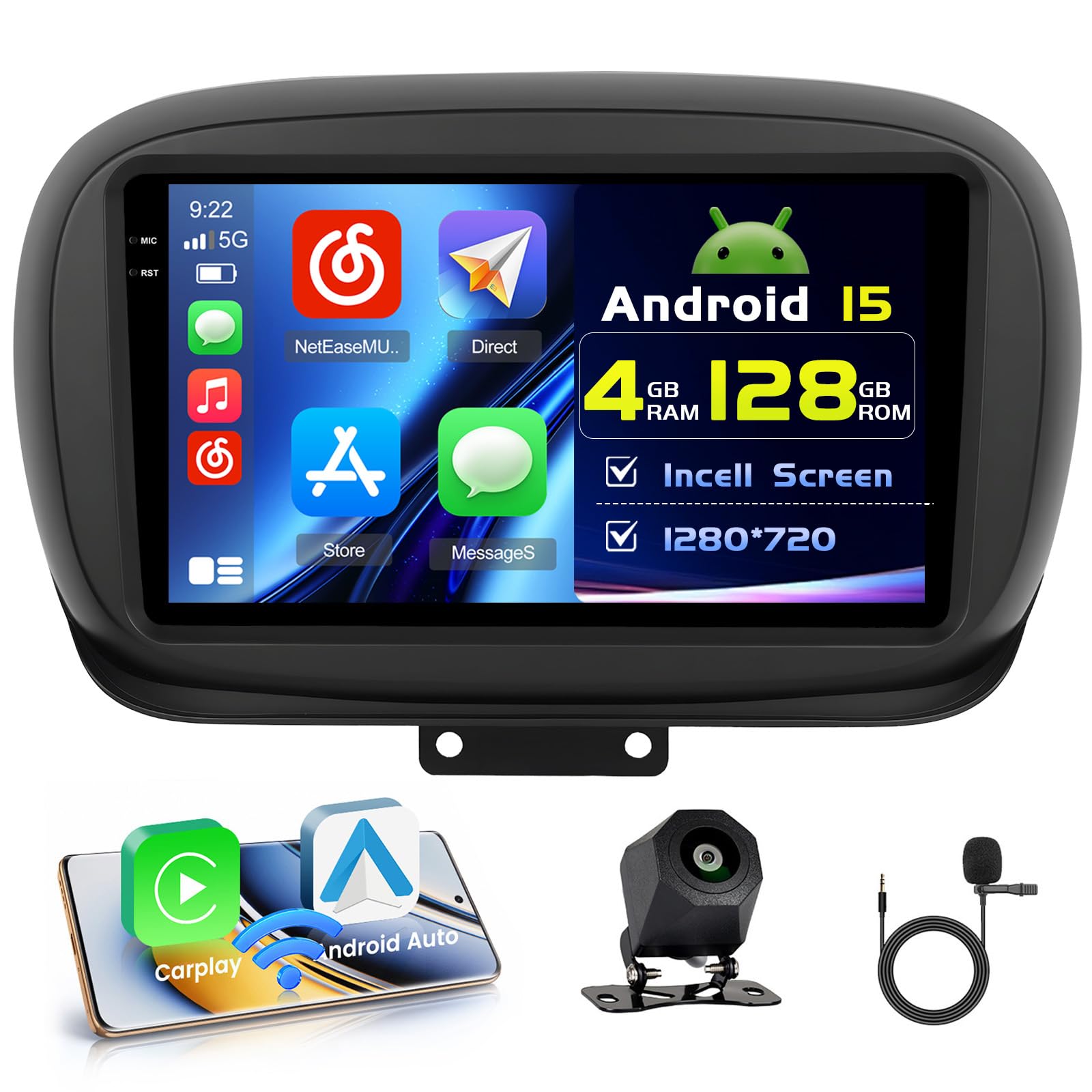 4+128G Android Radio z Ekranem dla FIAT 500X 2014-2020 Bezprzewodowe Carplay, Radio z Nawigacją 9 Cali Ekran Incell Android Auto/FM/RDS/Kamera Cofania