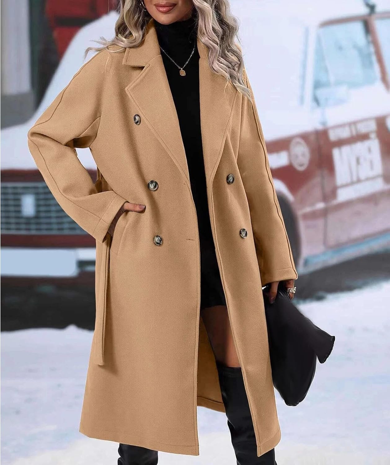 Sexyshine Women's Winter Double Breasted Trench Coat Notch Lapel Long Wool Pea Coat A Line Warm Overcoat with Belt - Image 4